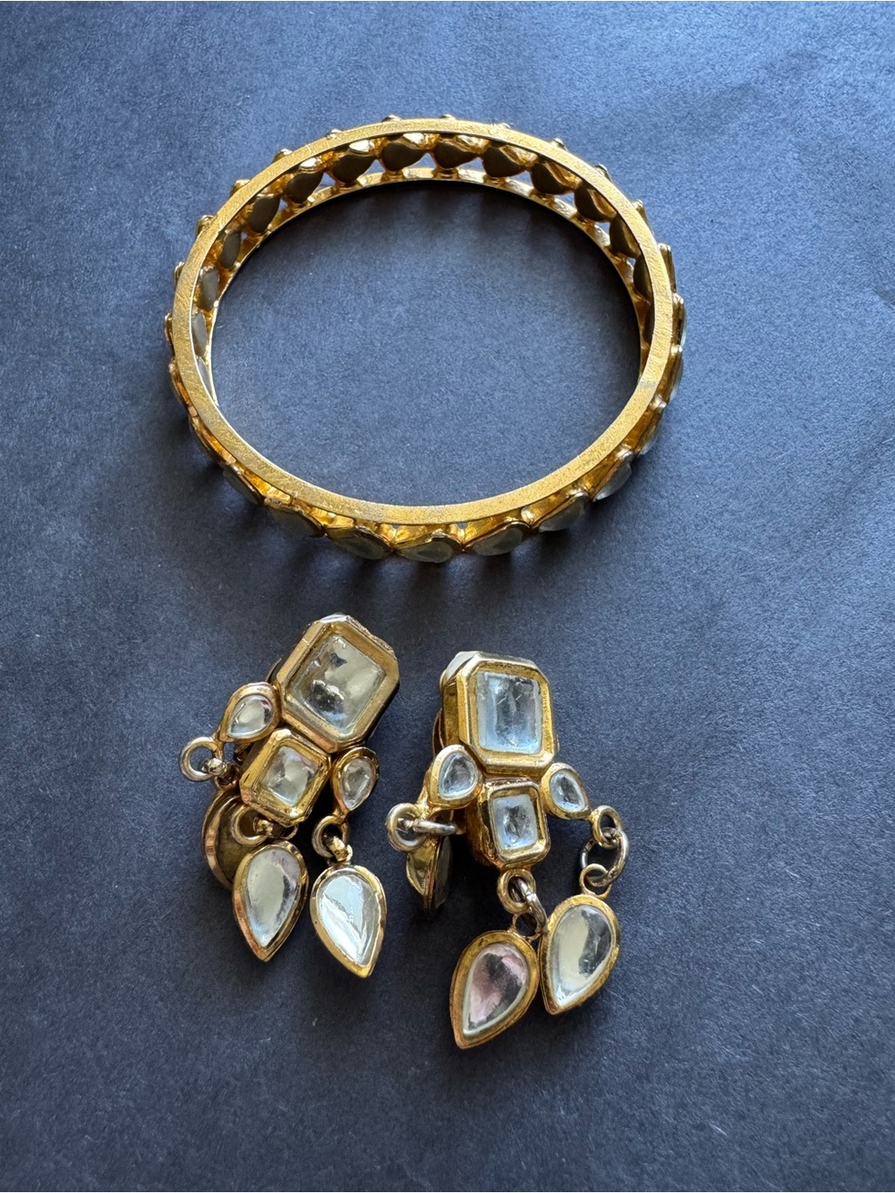 Vintage Gold-Tone Kundan Drop Earrings and Bangle Set